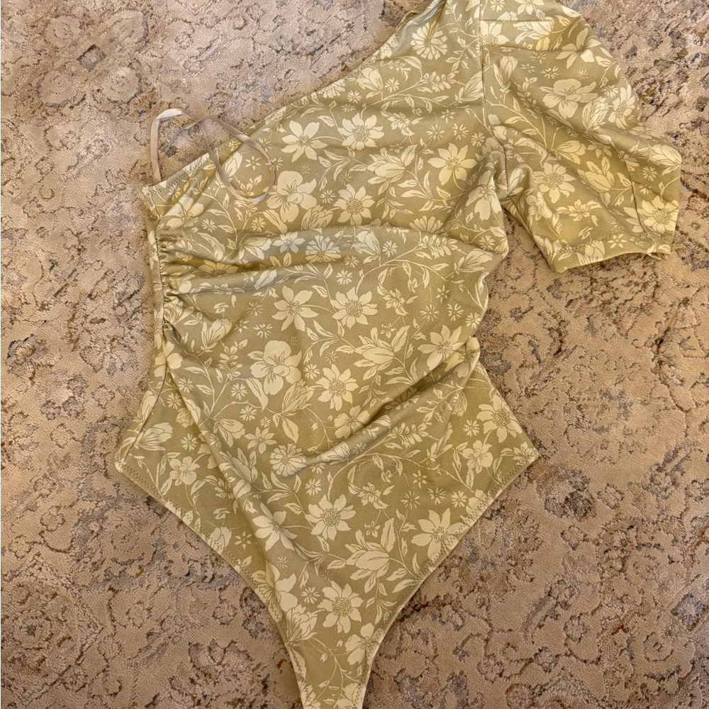 Free People Olive Floral One-Shoulder Bodysuit